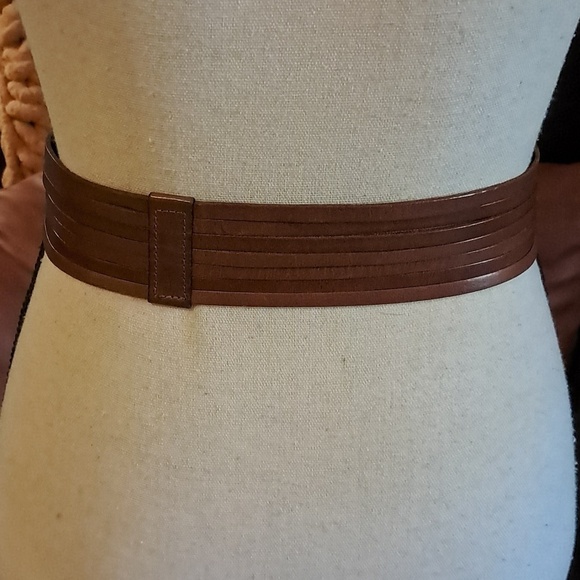 Joan & David Brown Calfskin Leather Belt Square Brass Buckle Split Size S Boho